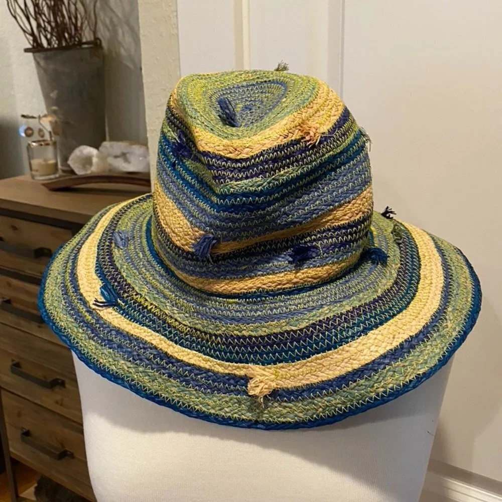 Anthropologie raffia multicolored beach hat - wire